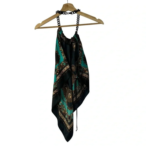 Unyx Y2K Tie Back Blue & Black Printed Satin Bandana Tank Top S - Picture 2 of 5